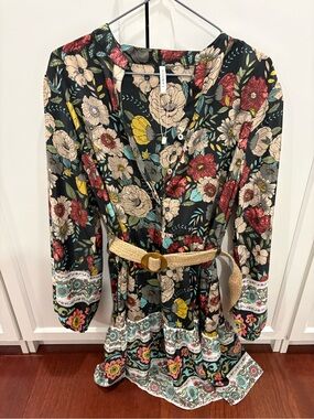 Lani Black Floral Boho Dress with Red, Cream, Yellow & Teal Accents
